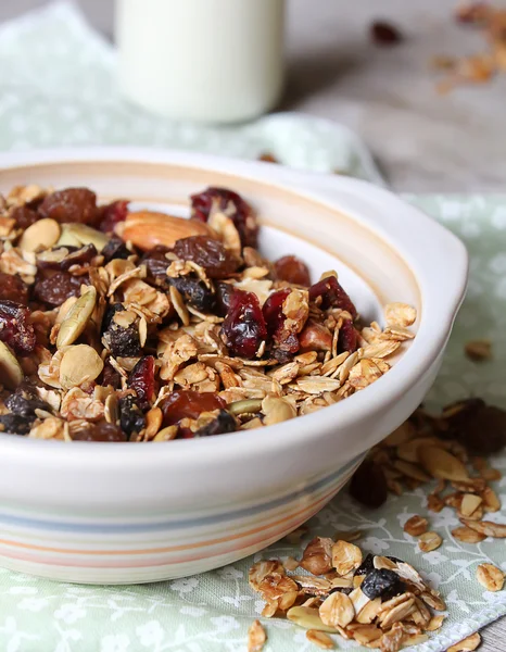 Healthy granola or muesli with dried fruits, nuts, banana chips and chocolate drops in a breakfast bowl