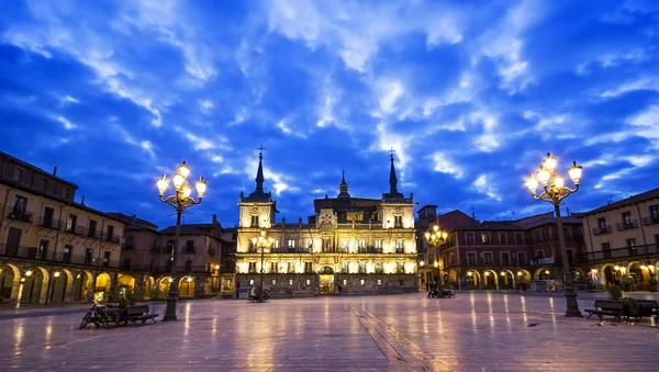 Night view of Plaza Mayor and ancient city council of Leon, Spai