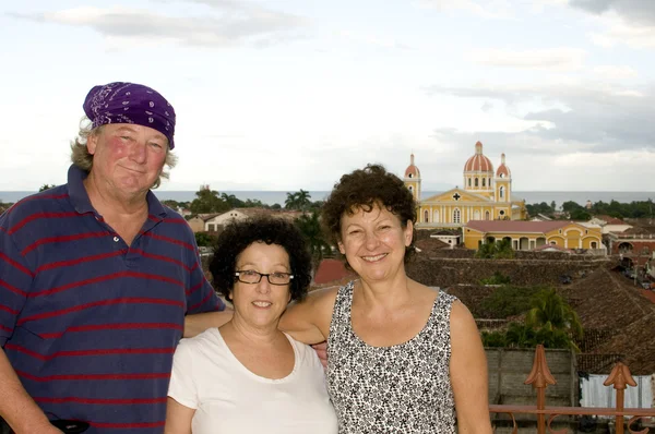 Middle age tourists view of Cathedral of Granada Nicaragua