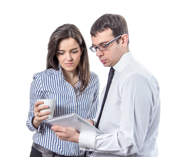 Business people reading documents in a tablet