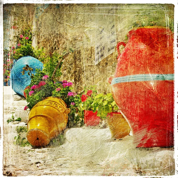 Pictorial details of Greece - decoration with vases and flowers in taverna- retro styled picture