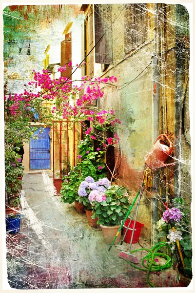 Pictorial courtyards of Greece- artwork in retro painting style