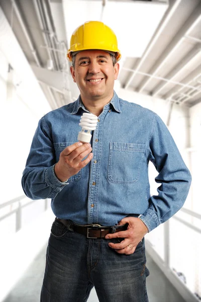 Engineer holding an electrical bulb