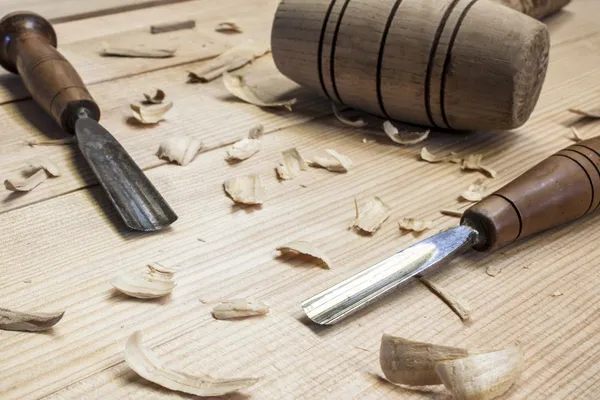 Oiner tools,hammer and chisel on wood table background