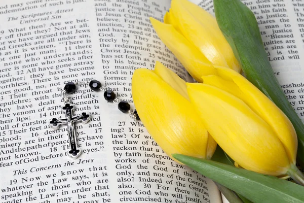 Bible with rosary and tulips — Stock Photo #18758777