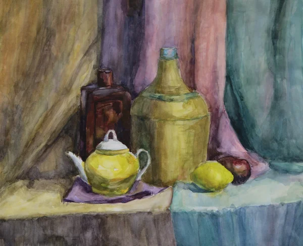Still life with Bottle, Vase and Teapot