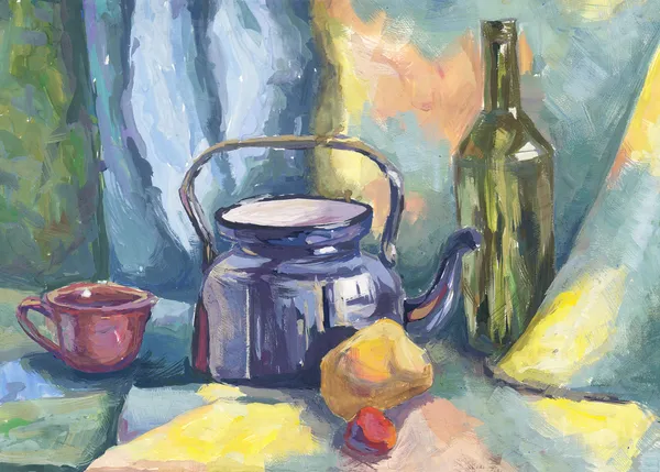 Still life with Metal Teapot and Bottle