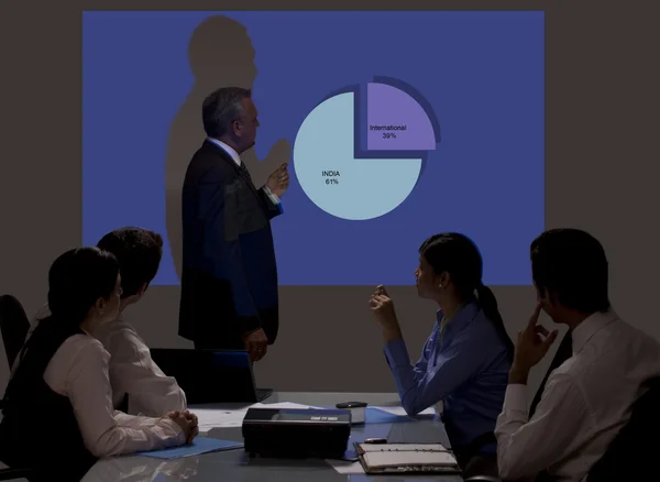 Businessman giving presentation on projection screen