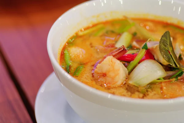 Close up Tom Yum soup Thai traditional spicy prawn soup