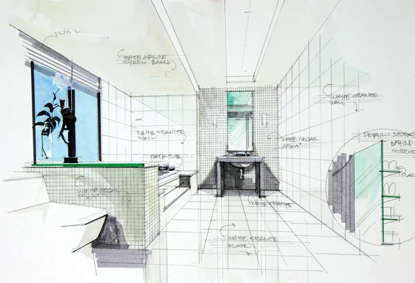 Interior hand drawn perspetive of bathroom