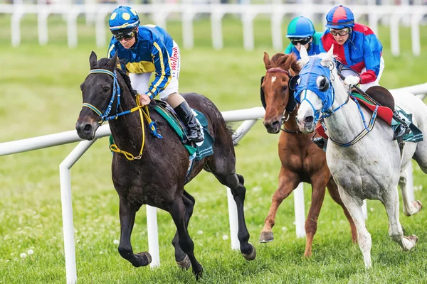 Three jockeys out of the fourth curve at the Nationaldags Galopp
