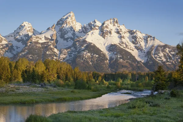 Grand Teton mountains with stream in morning light
