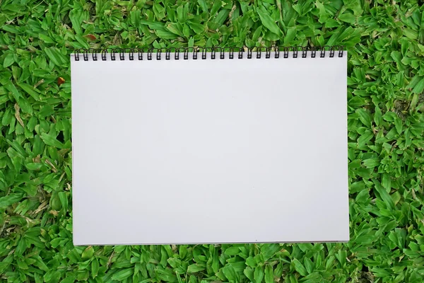 Blank notebook recycle paper open two page with copy space area for multipurpose use open on green grass field