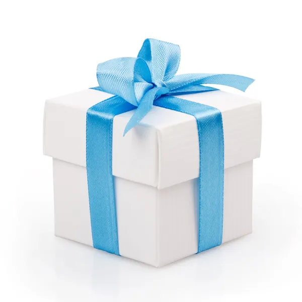 White gift box with blue ribbon