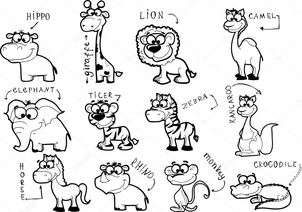 Big set of black and white cartoon animals — Stock Vector © virinaflora