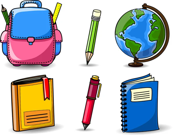 School bags, pencils, books, notebooks, pen, globe