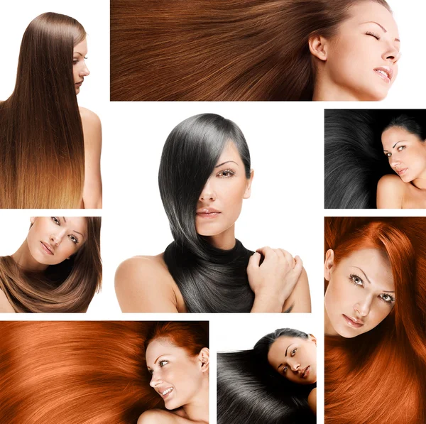 Fashion hairstyle collage, natural long shiny healthy hair