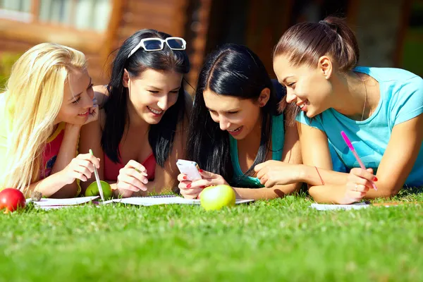 Group of happy college girls chatting in social network on green lawn