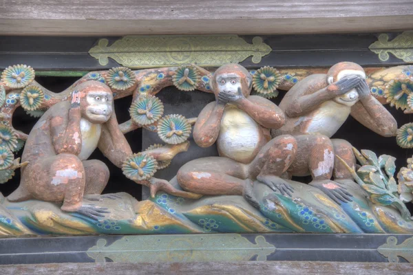 Three wise monkeys of Toshogu Shrine, Nikko, Japan. Shrines and Temples of Nikko is UNESCO World Heritage Site since 1999