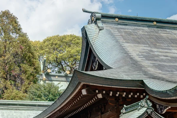 SAITAMA, JAPAN - APRIL 14 2014: Roof at Hikawa Shrine, Saitama, Japan. According to the shrine\'s tradition, the shrine was established during the reign of Emperor Kosho in 473 BC.