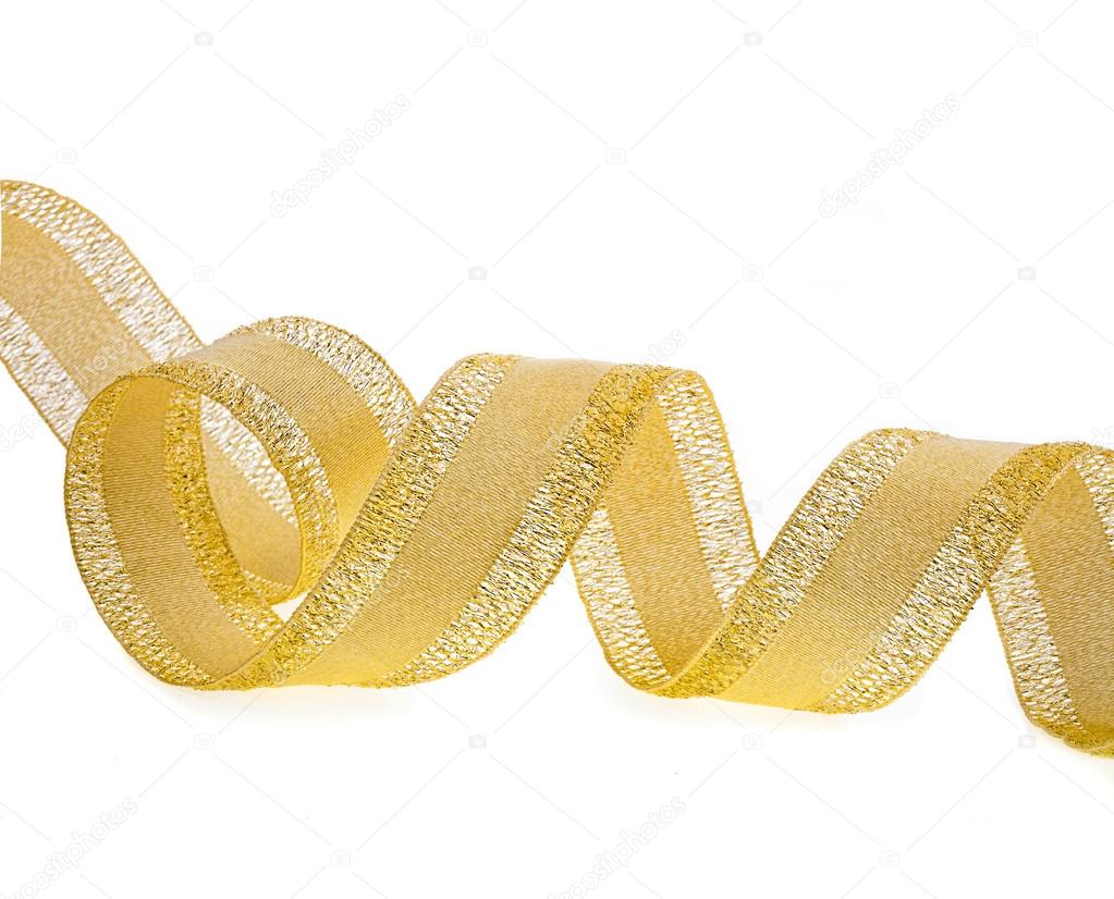 Golden ribbon curl on white - Stock Image