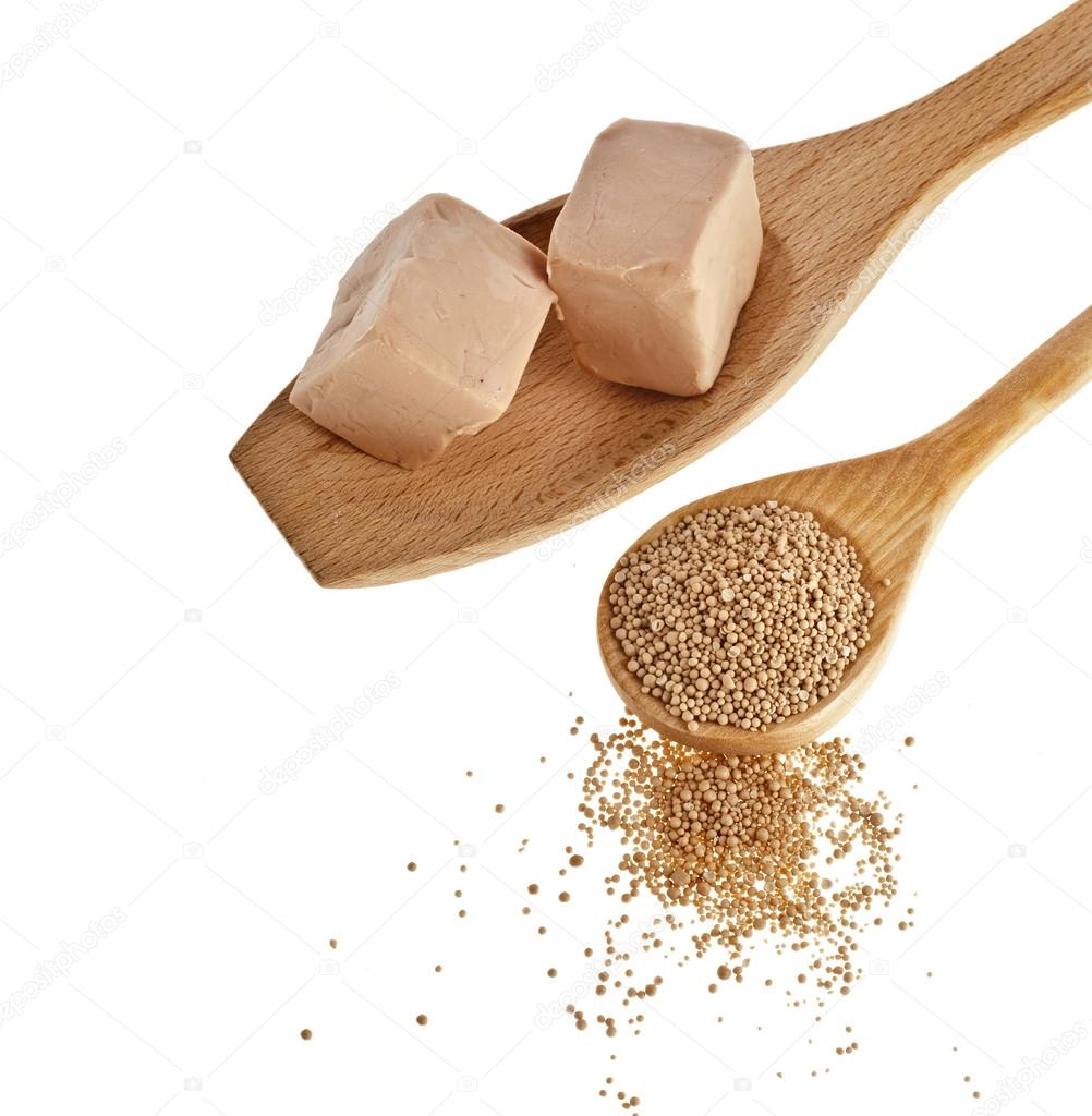 Baking ingredient yeast powder in wooden spoon — Stock Photo © Madllen