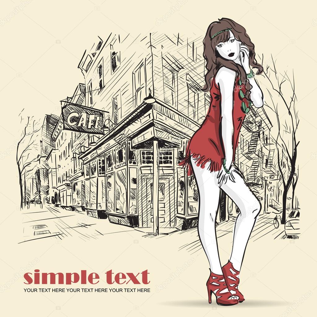 fashion illustration background fashion in sketch style on a cafe fashion illustration background fashion in sketch style on a cafe