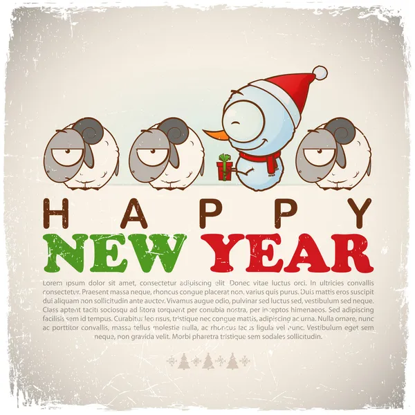 New Year greeting card with snowman and sheep
