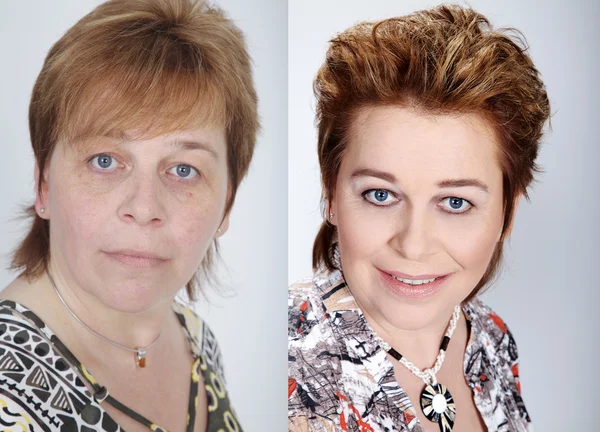 Photo of an old woman before and after makeup