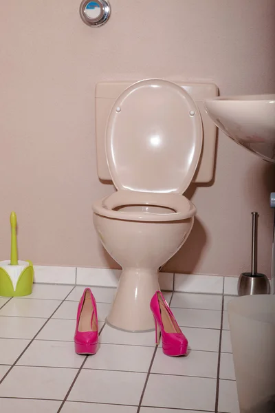 Ladies room with pink shoes