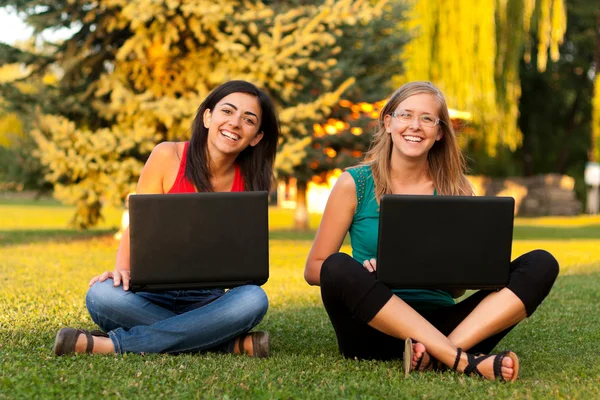 Laughing girls outdoors with laptop