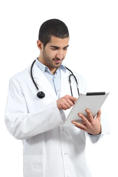 Arab saudi doctor man reading a tablet reader