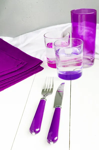 Catering Table Set In Purple Color With Silverware, Napkin And Glasses In Vintage Style.