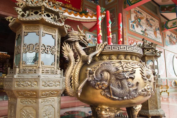 Chinese dragon incense burner in front of Chinese temple.