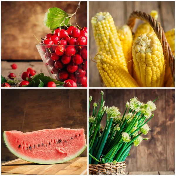 Collage of fresh vegetables, berries and fruits