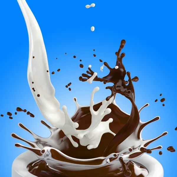 Chocolate and milk splashes on blue
