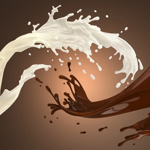 White creamy milk and hot liquid chocolate splashes — Stock Photo #13899083
