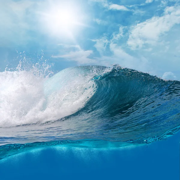 Big surfing scean breaking wave in sunlight