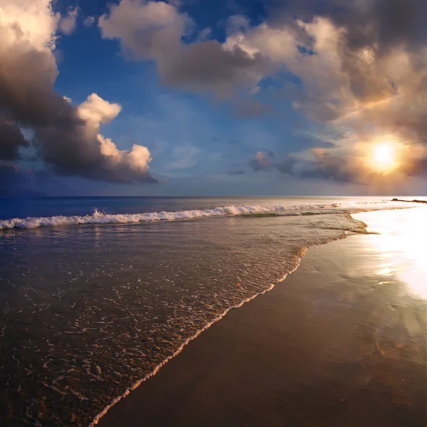 Tropical design postcard. Beautiful sunset on sand beach with sea foam and cloudy sky