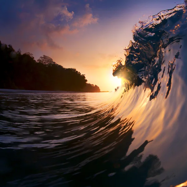 Surfing design template. Green blue colored ocean surfing wave breaking and splashing at sunset time