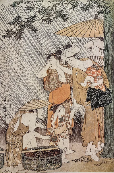 Kitagawa Utamaro. Shower. Traditional japanese engraving ukiyo-e.