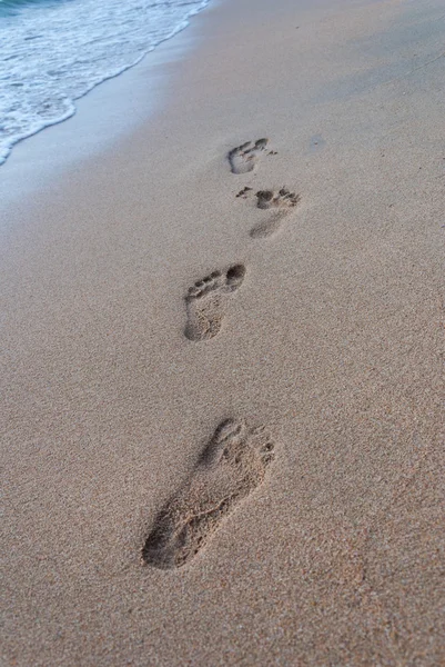 Footprint on sand with foam - beach, wave and footsteps