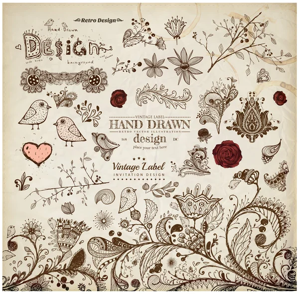 Hand Drawn floral ornaments with flowers and birds. Love elements.