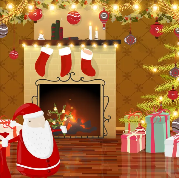 Christmas theme: Santa, gifts, balls, Xmas interior with fir-tree.