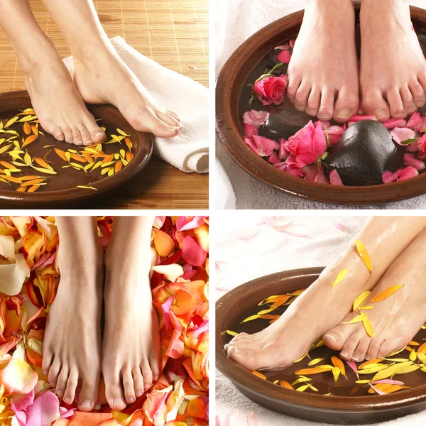 Collage with beautiful legs over spa background