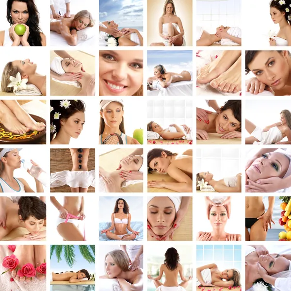 Great collage made of 36 pictures about health, dieting, sport a