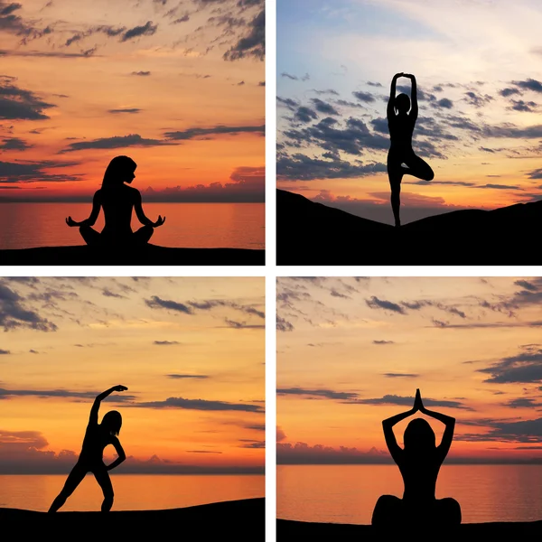 Silhouette of young woman doing yoga exercise over the sunset background