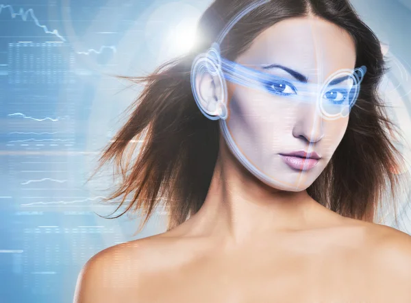 Woman with the virtual hologram on her eyes