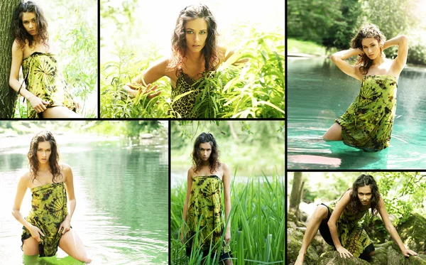 Wet model posing in a jungle