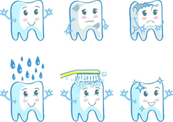 Set of six illustrations with teeth in funny cartoon style